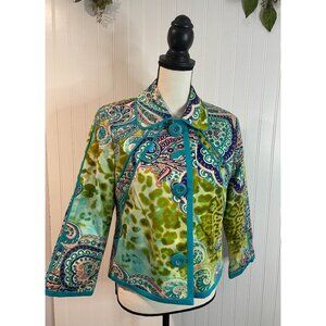 Harvé Benard Womens Paisley Print Jacket Size 8 Cotton Blend Green & Teal